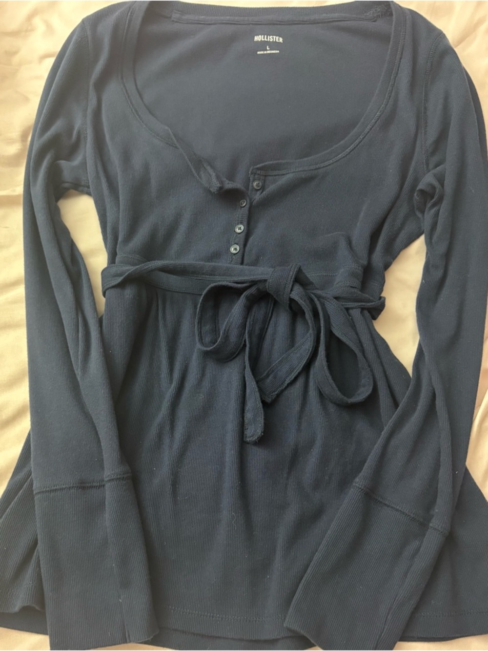 Hollister Navy Ribbed Henley Tie-Waist Long Sleeve Top